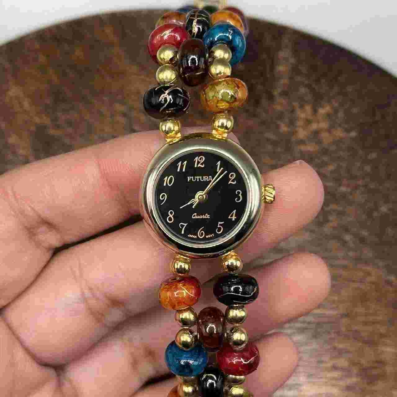 Vintage funky retro boho granny colorful beaded gold tone watch bracelet working