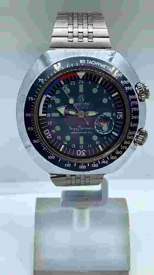 Vintage Mortima Super Datomatic 21 Jewel Two Crown 45mm Diving Wrist Watch Rare