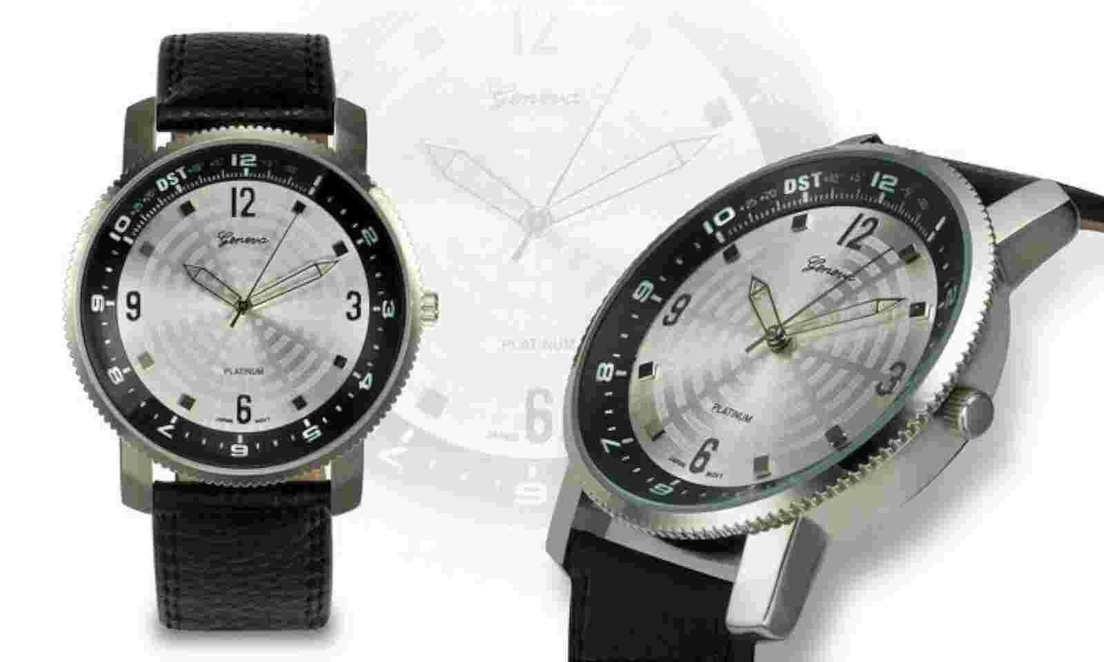 NEW Geneva Platinum Mens Ambition Silver Dial Black Vegan Leather Watch 45mm