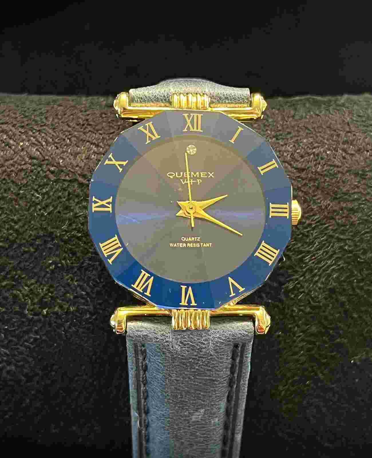 Blue and Goldtone Quemex VIP Ladies Wrist Watch New Leather Band and Battery