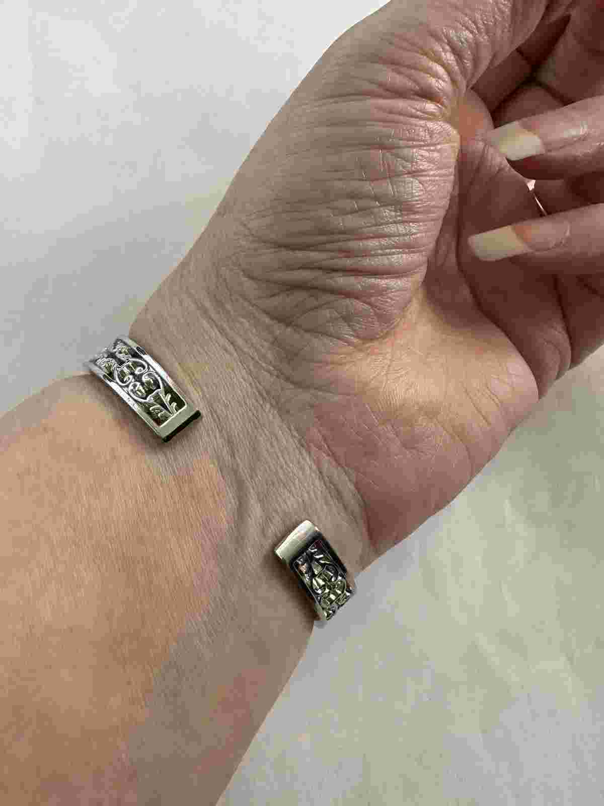Ladies Silver Toned Cuff Watch Scroll Filigree Design MZ Berger Adjustable Band