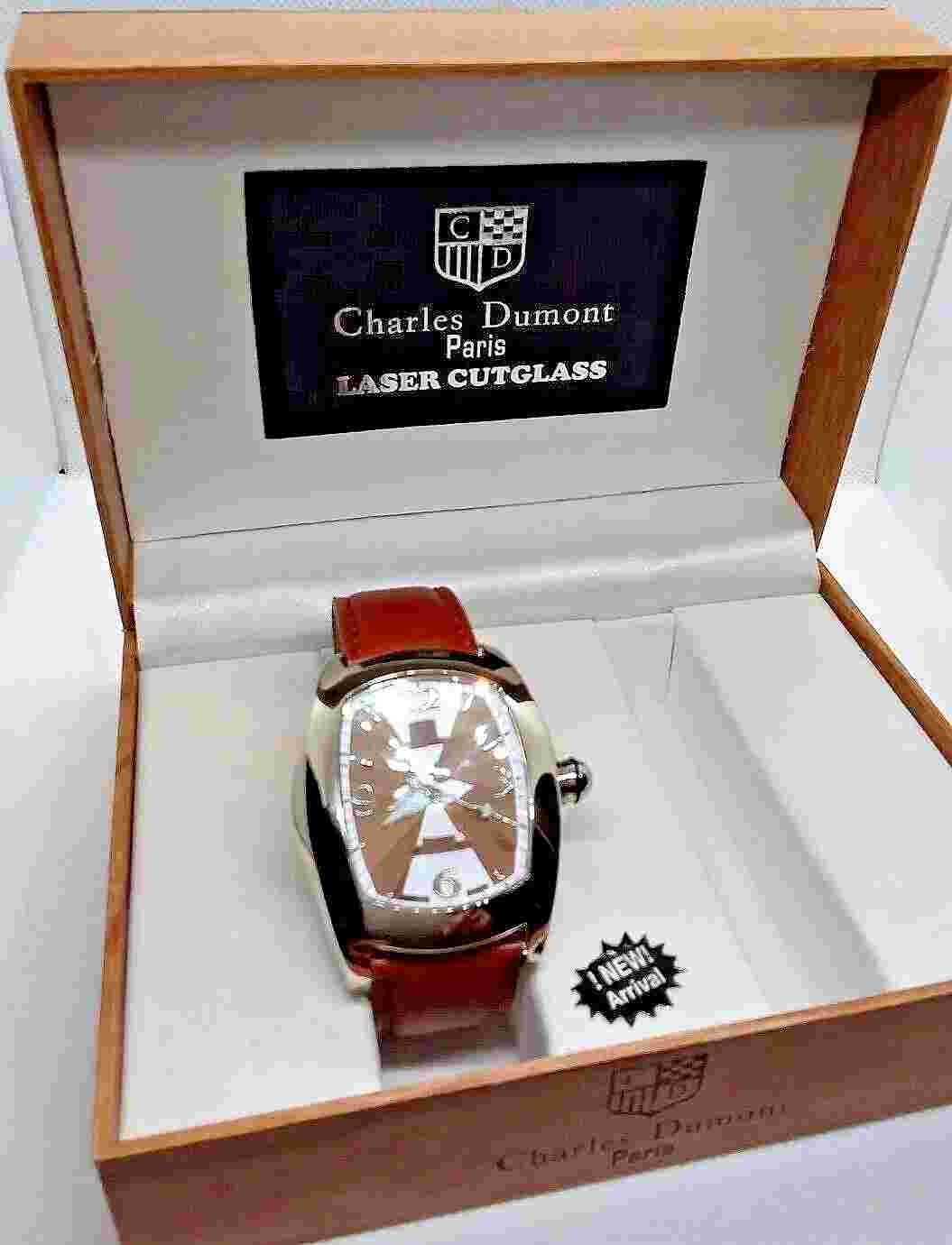 Large Unisex Watch, Cut Glass Crystal, Leather Band, Charles Dumont, Paris - New