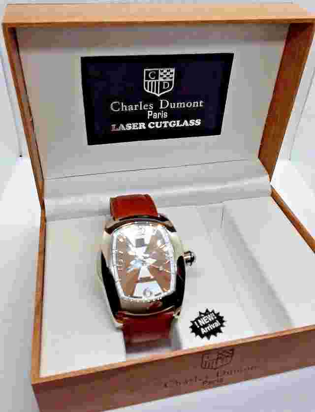 Large Unisex Watch, Cut Glass Crystal, Leather Band, Charles Dumont, Paris - New
