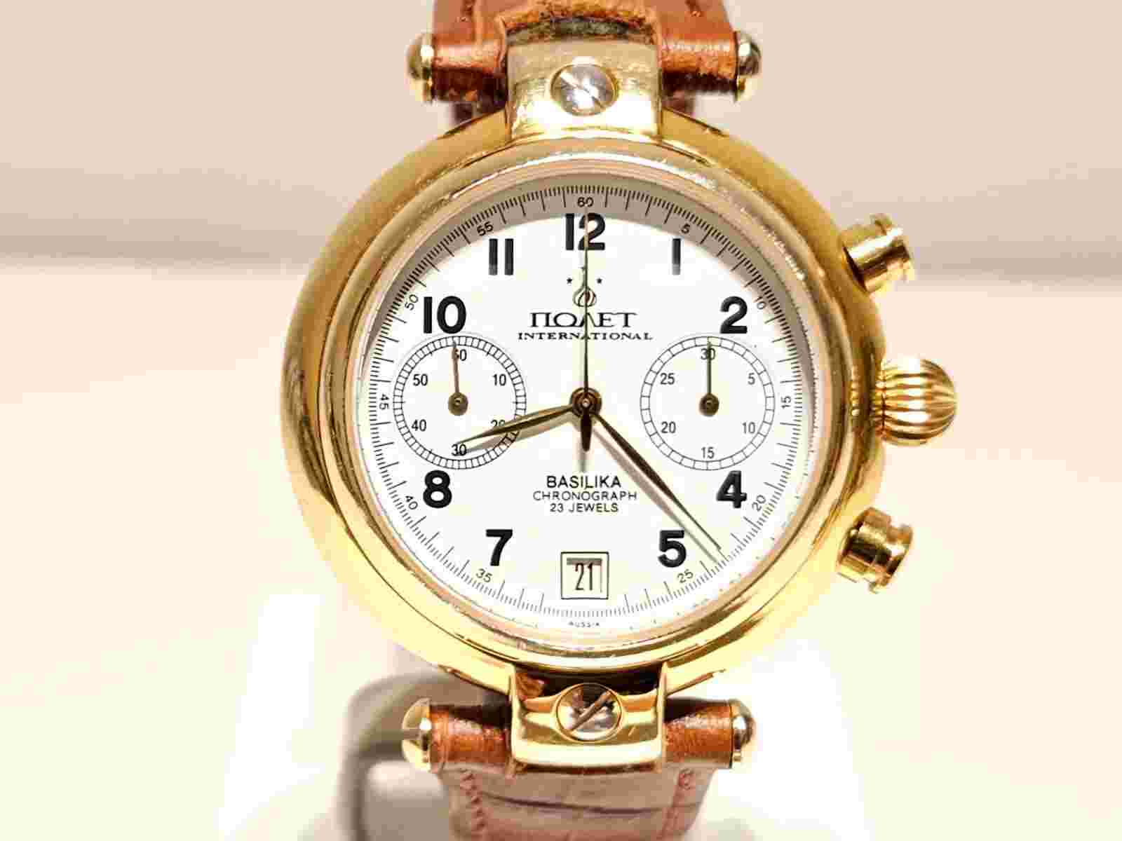 VINTAGE LUXURY GOLD PLATED MEN CHRONOGRAPH WATCH "POLJOT"INTERNATIONAL BASILLICA