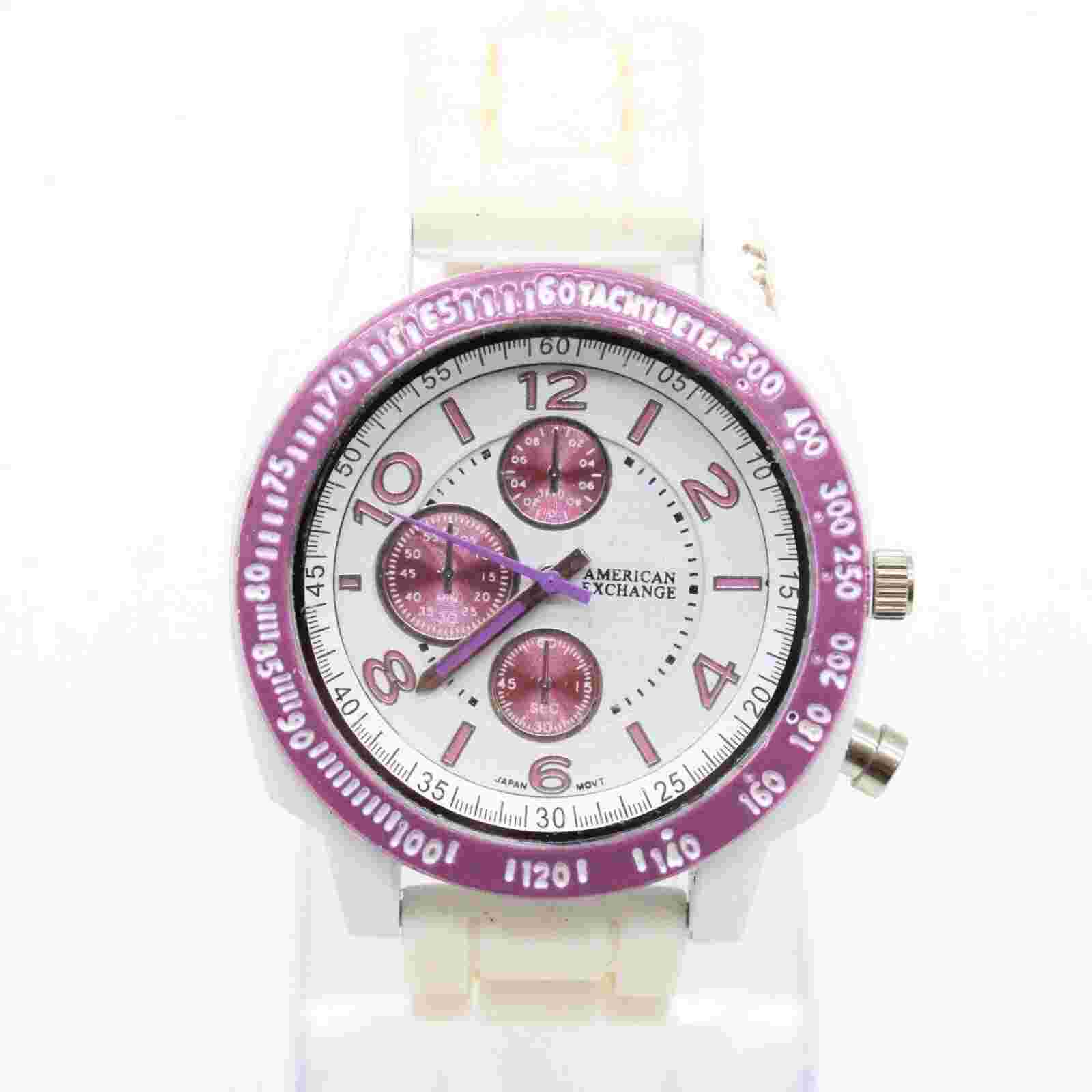 American Exchange Chronograph Watch White Tone Stainless Steel White Rubber Band