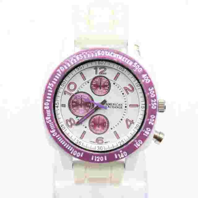 American Exchange Chronograph Watch White Tone Stainless Steel White Rubber Band