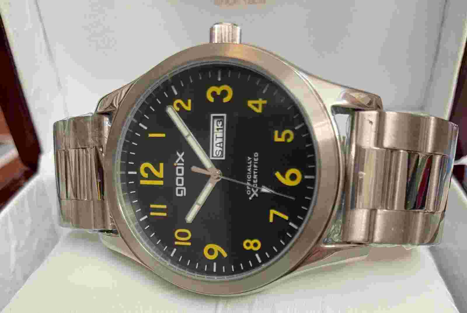Gooix Pilot Watch Men's XXL 48mm Date Yellow Numbers Solid Stainless Steel 5BAR