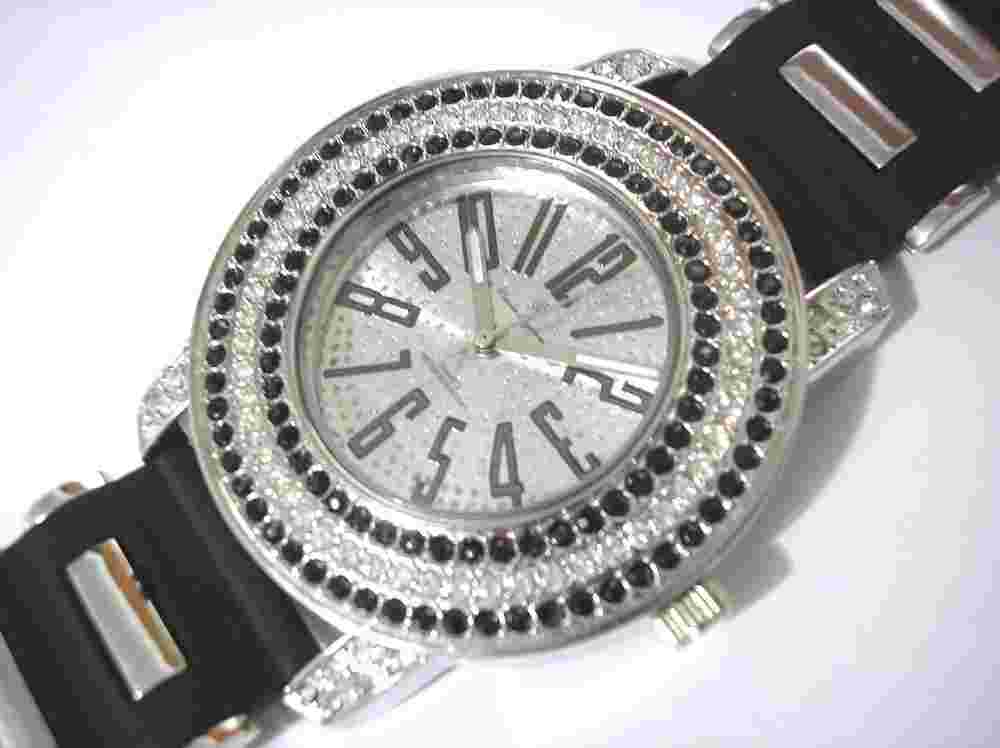Silver Tone Metal Case Black Rubber Band Men's Watch w White & Black Stones