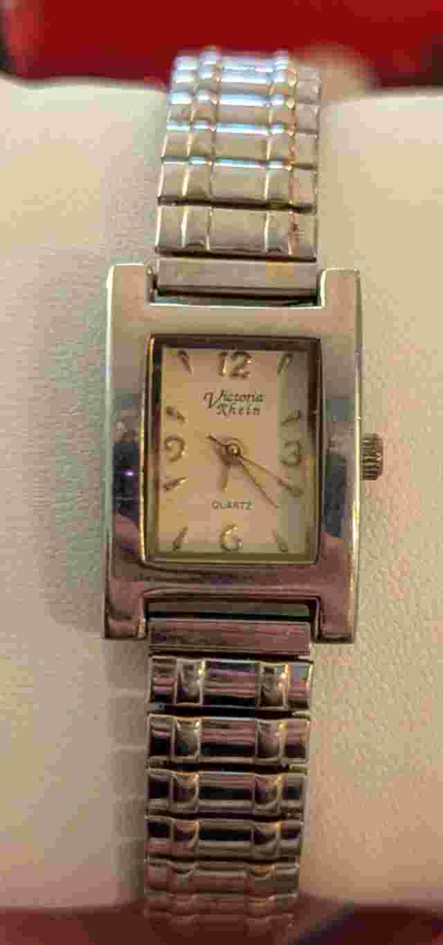 WORKING Vintage Victoria Rhein Women's Silver Toned Tank Watch Stretch Band