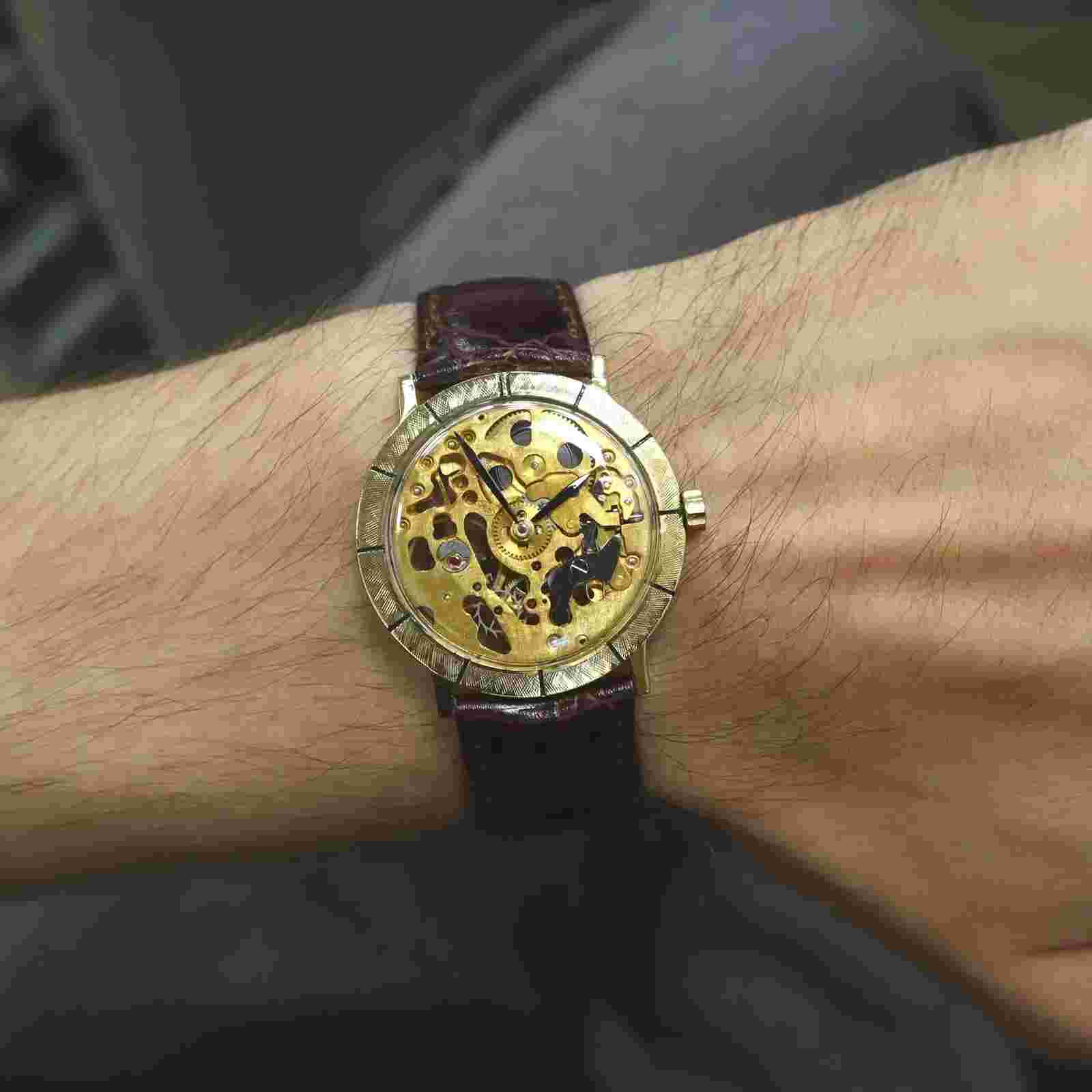 Vintage Lucien Piccard 33mm Skeleton Hand Wound 18K Yellow Gold Watch