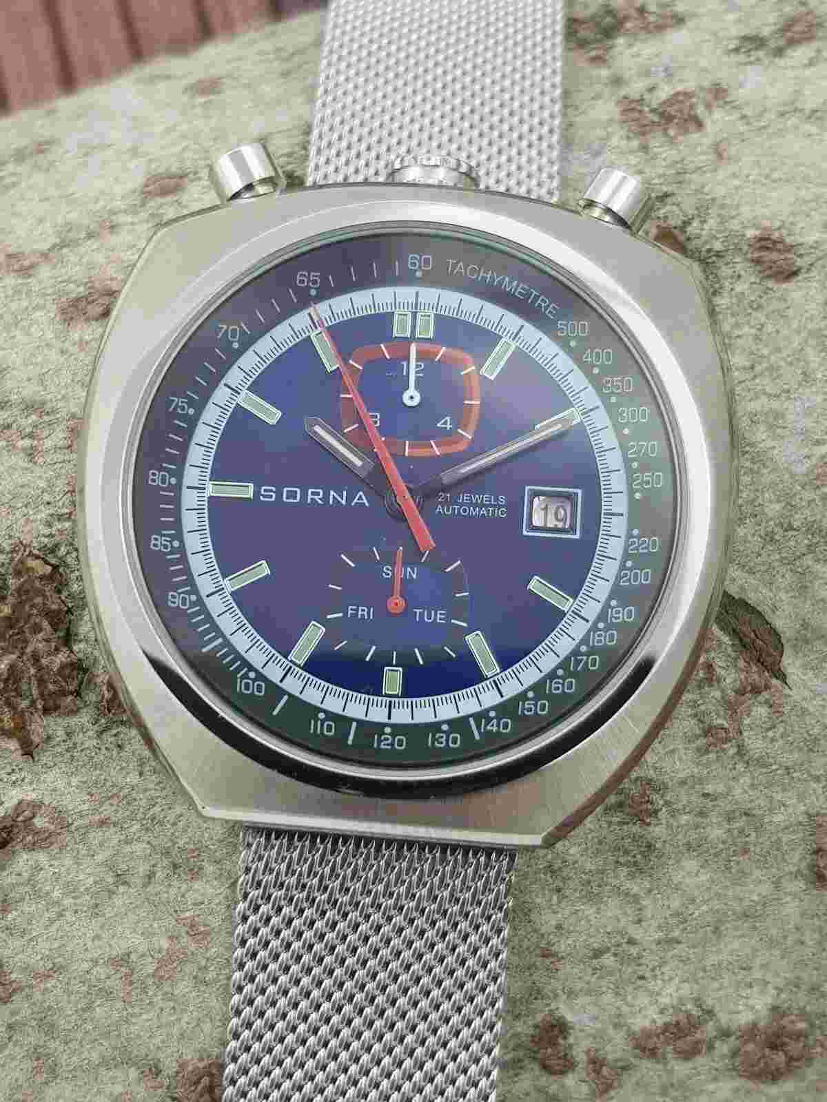 Bullhead SORNA automatic watch tachymeter scale blue version new unworn mesh