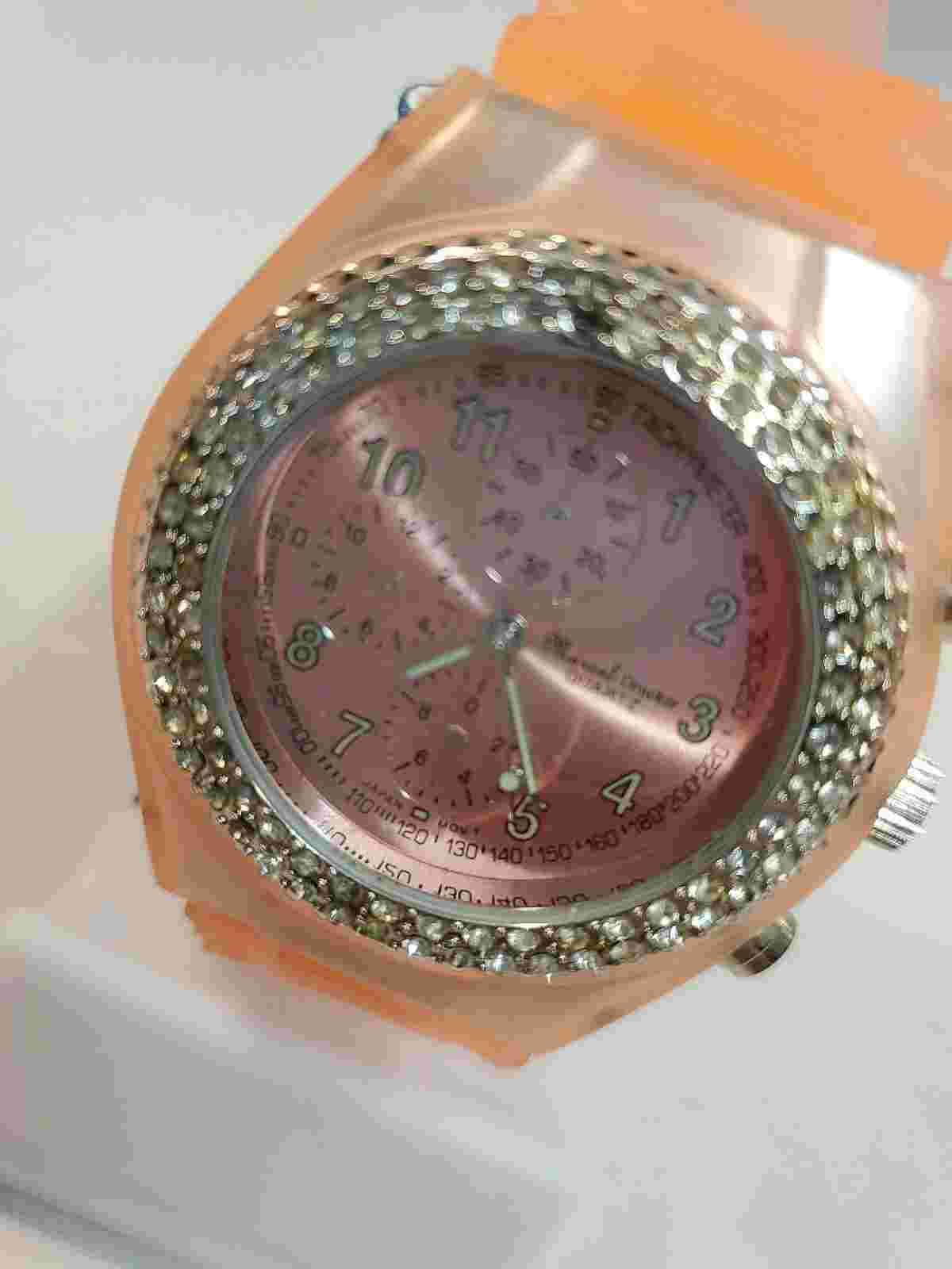Vintage MARCEL DRUCKER Pink Rubber Band Bling Chrono Watch RARE NEW!!