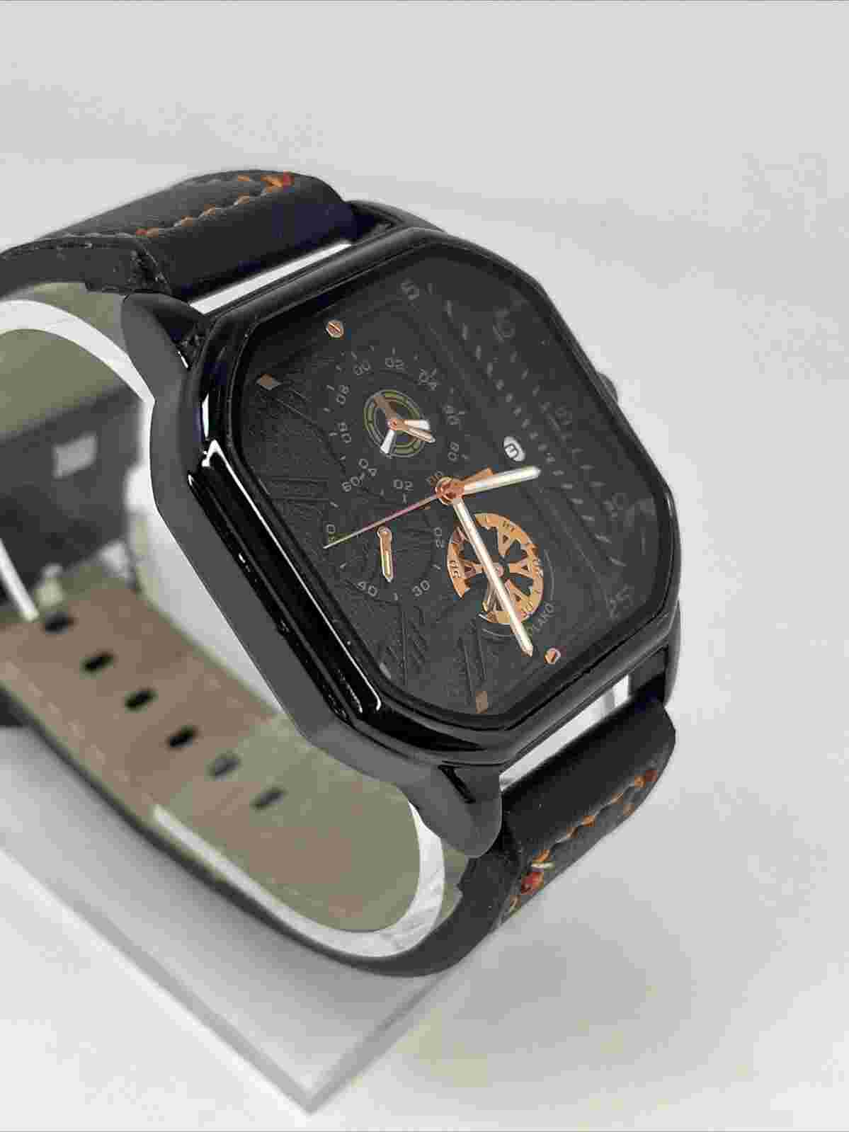 Yolako Men's Quartz Watch Black Square Dial Black Faux Leather Band- New Battery