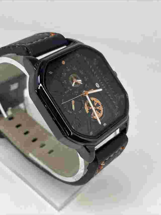 Yolako Men's Quartz Watch Black Square Dial Black Faux Leather Band- New Battery