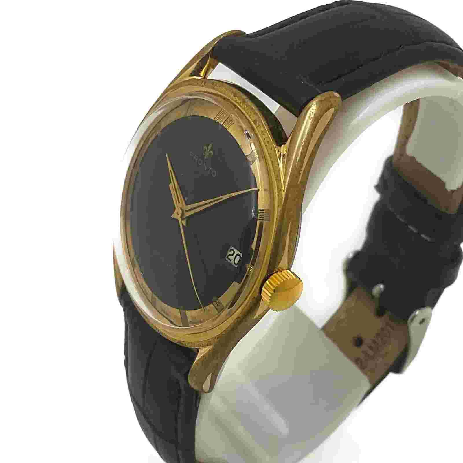 Pronto 17 Jewels Vintage Watch - 35mm Gold Tone Case - Black Dial - Mechanical