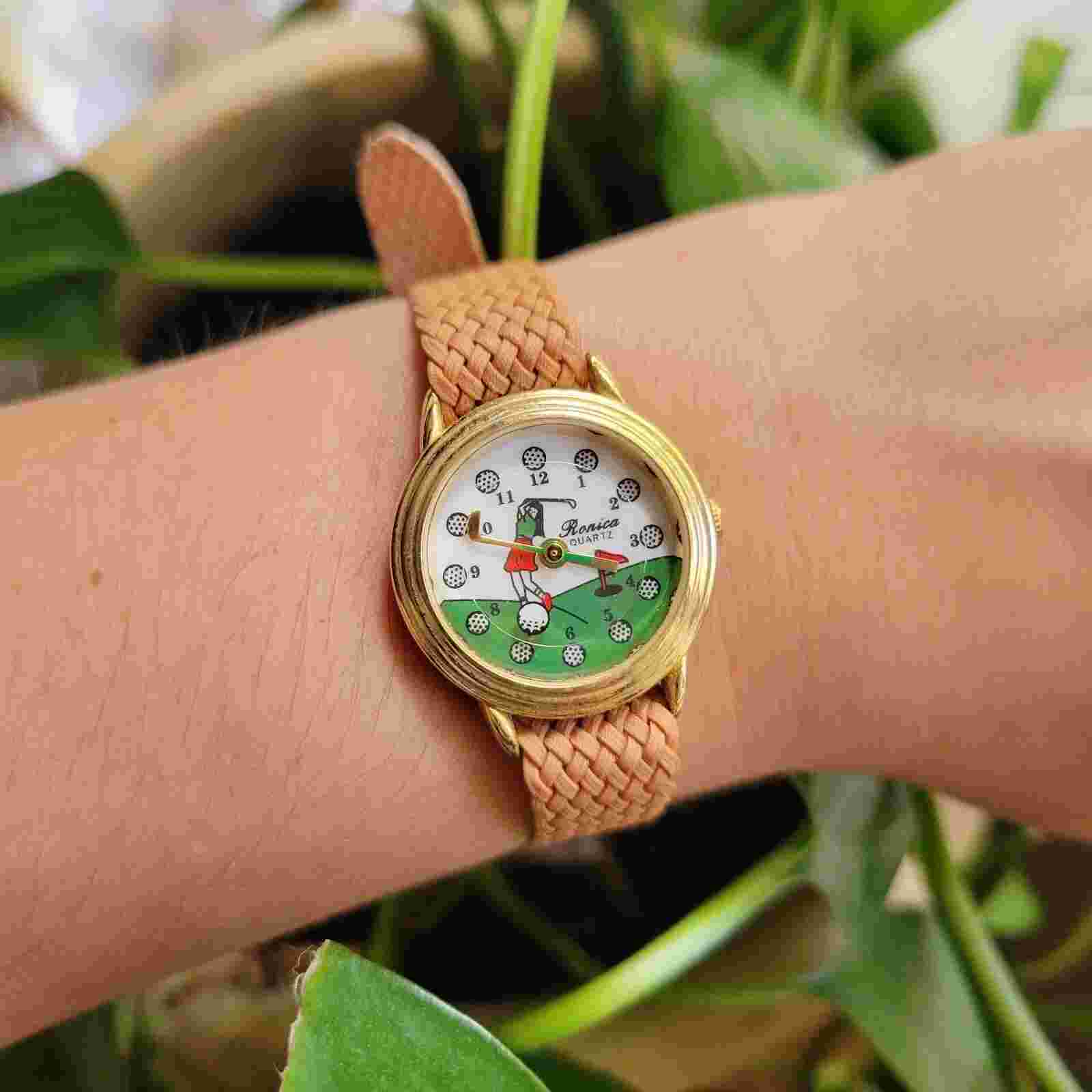 Vintage Ronica Quartz Gold & Tan Golf Watch