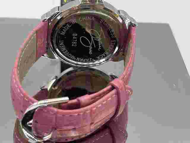 Suzanne Somers Crystal Round Face Watch Genuine Pink Leather Band