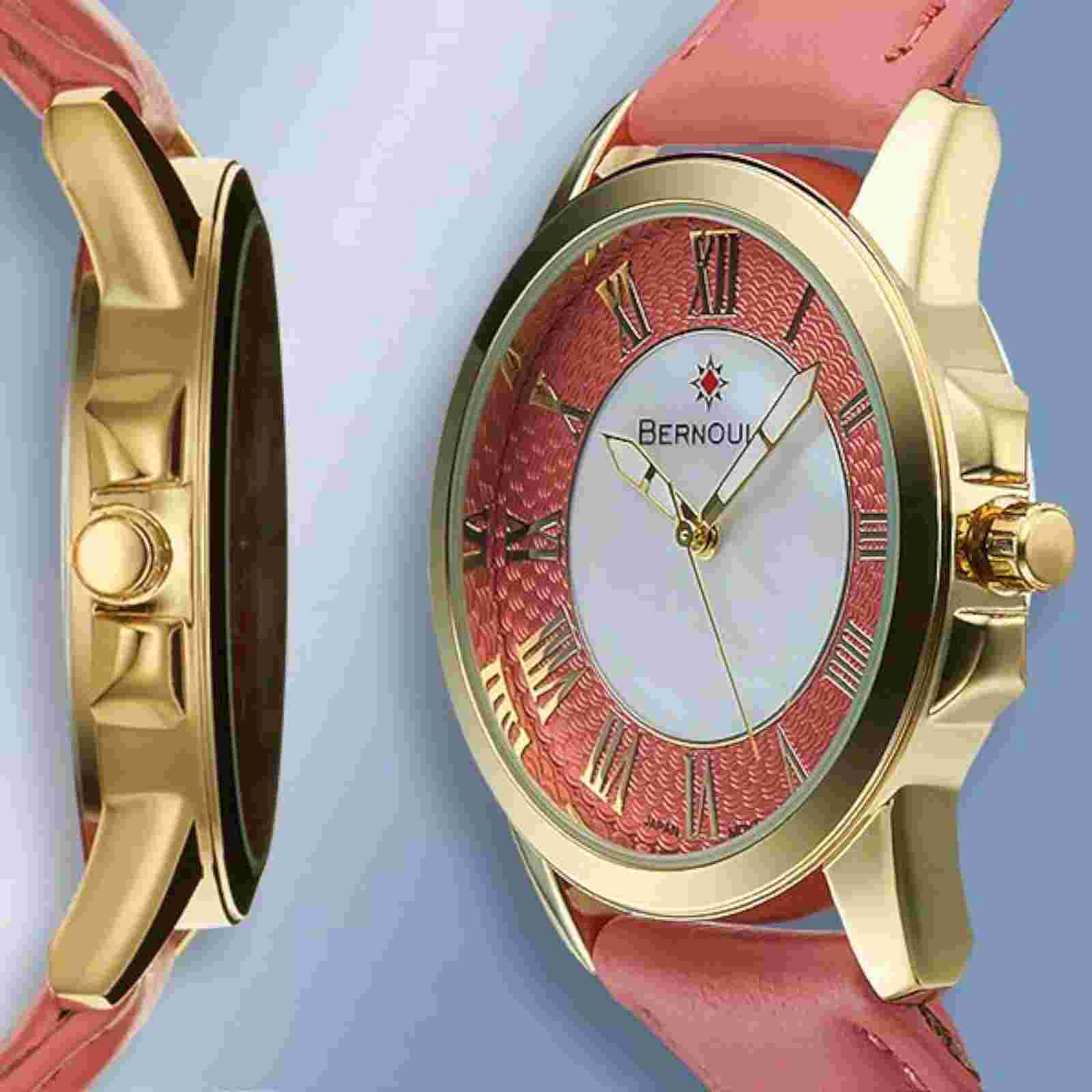 Bernoulli 9843 Faun Womens Fashion Peach Leather Band Gold Metal Bezel Watch