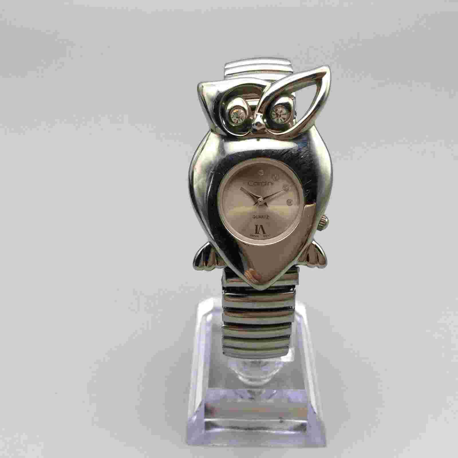 Cardini Owl Watch Women 30mm Silver Tone Rhinestone Stretch Band New Battery