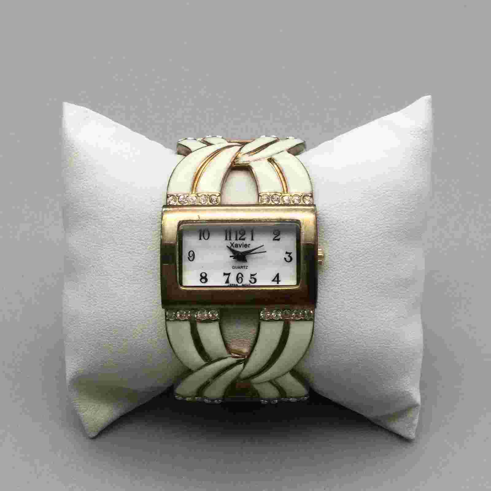 Xavier Watch Women 33mm White Enamel Gold Tone Open Cuff Band New Battery