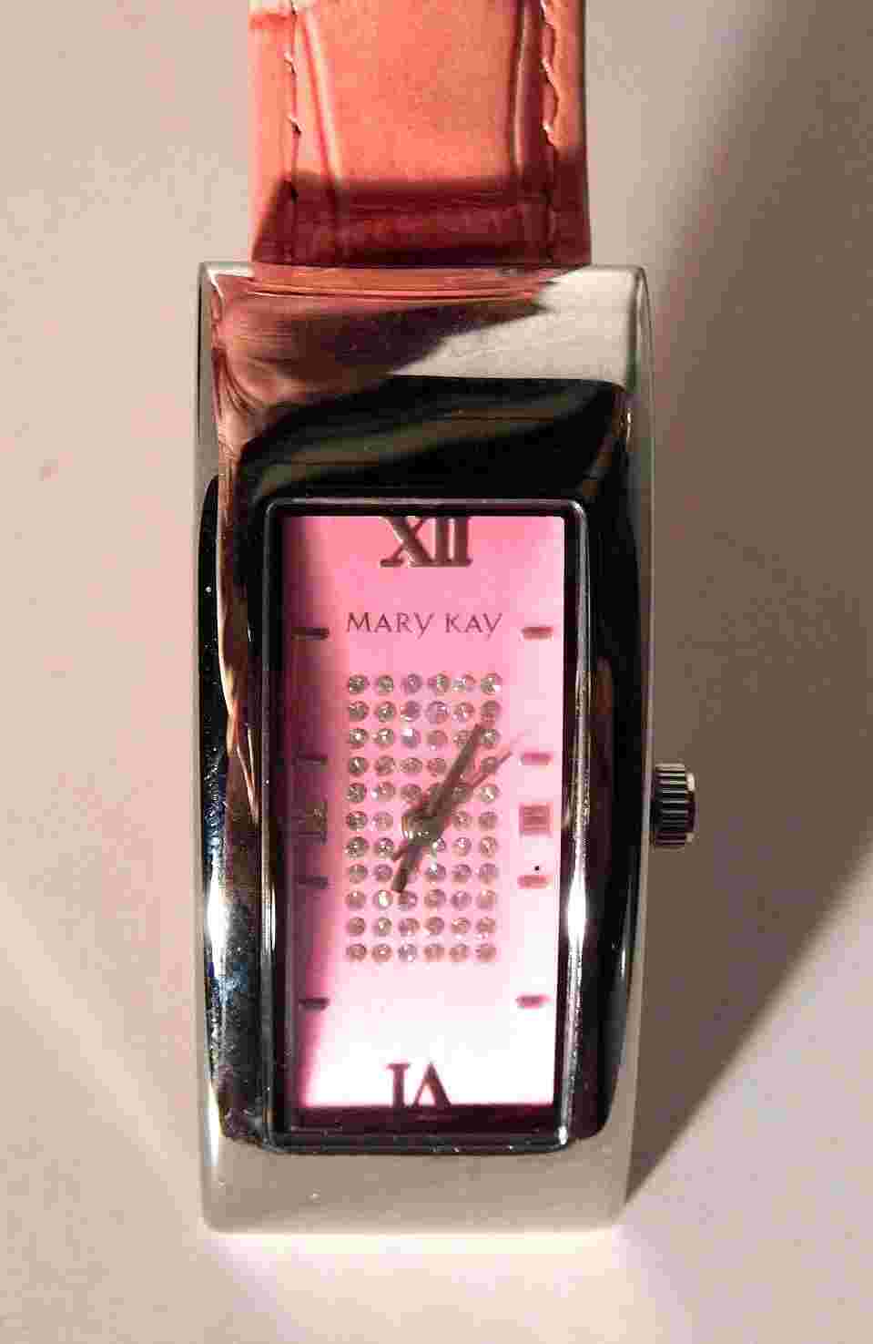 Mary Kay Ladies Watch Silver Tone Case w/ Pink Crystal Dial + Pink Leather Band