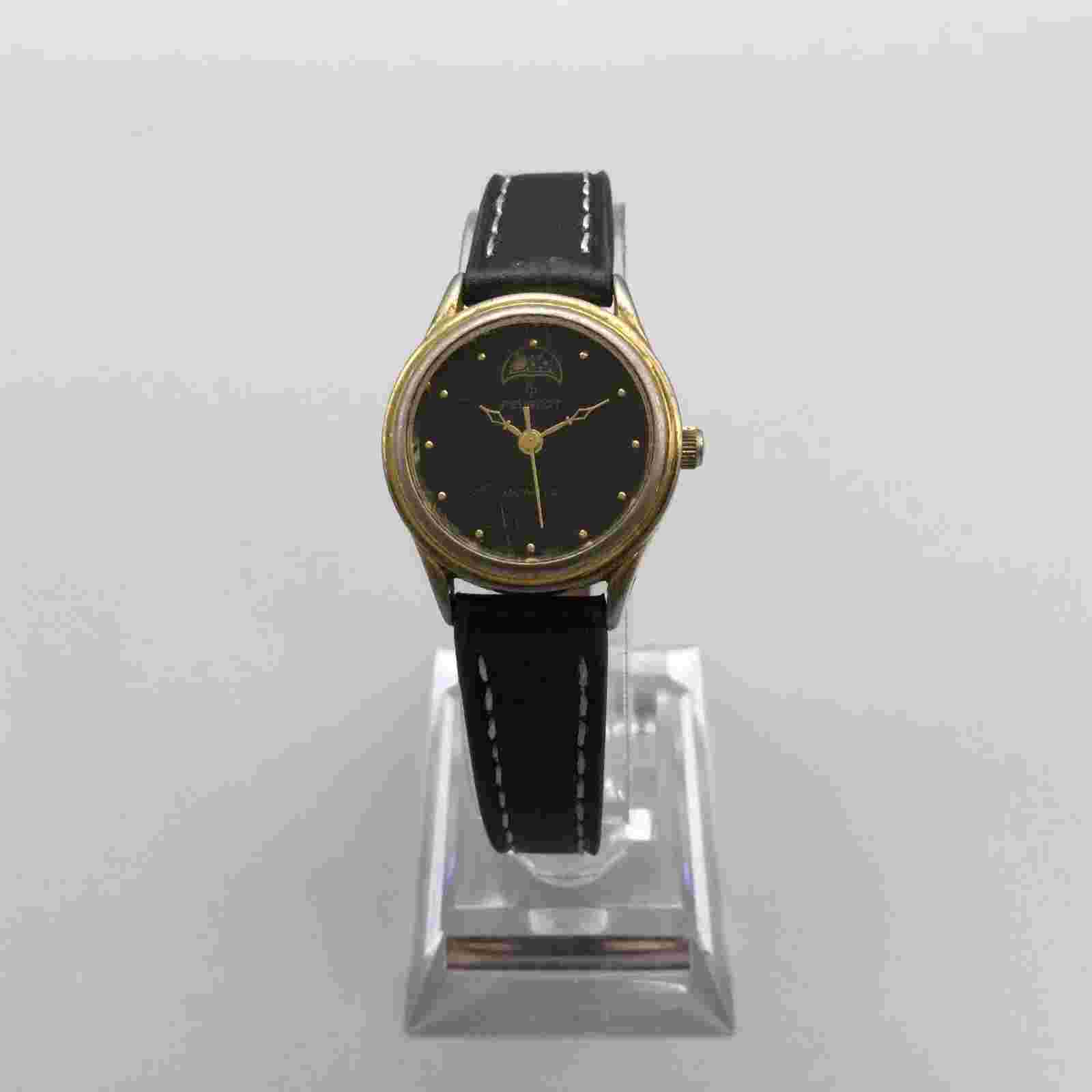 Vtg Peugeot Moon Phase Watch Women 24mm Gold Tone Black Dial Leather New Battery