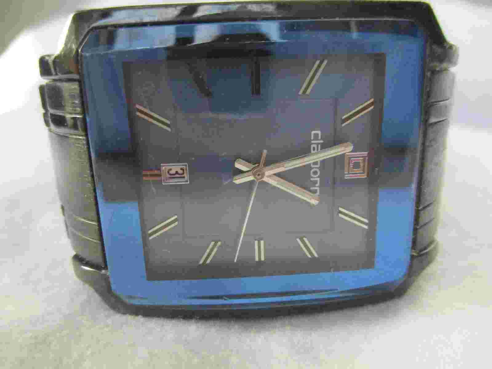 Claiborne Watch Black Stainless Steel Band Rectangular Blue Face Date Indicator