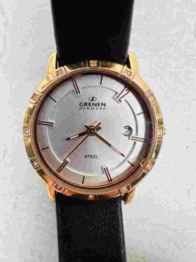 Grenen Denmark Watch Womens 27mm Date Gold Tone Crystal Bezel Steel New Battery