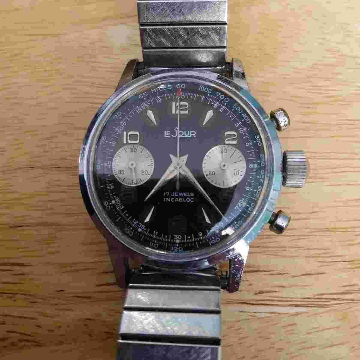 Vintage LeJour Watch -17 Jewel Incabloc - Valjoux 7733 Movement - Reverse Panda