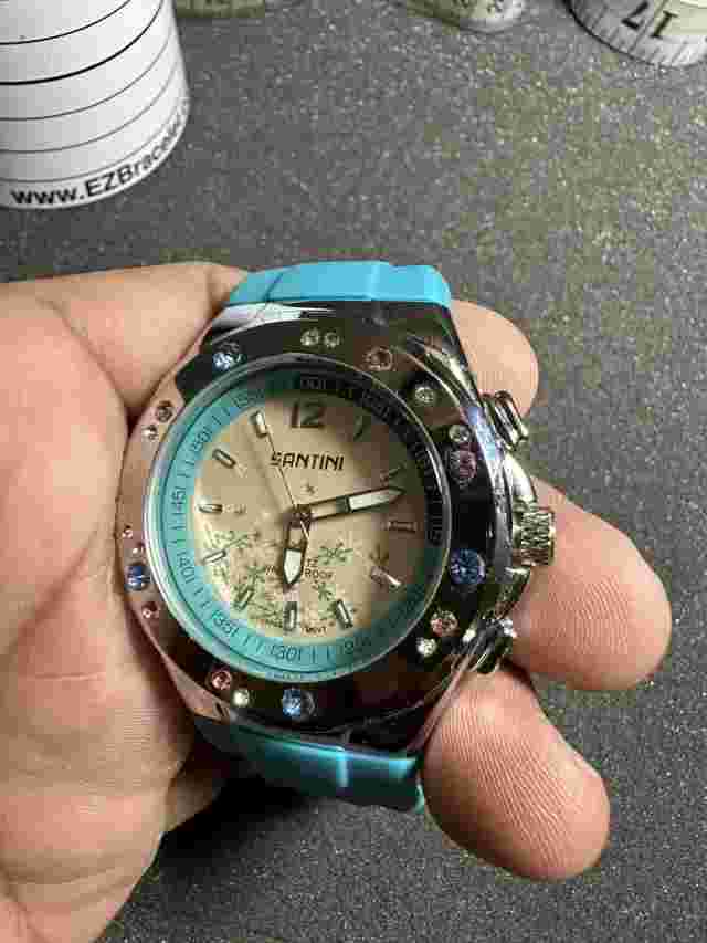 Santini Ladies Quartz Watch Analog Silver Tone Rhinestone Accent Blue Band Wrkin