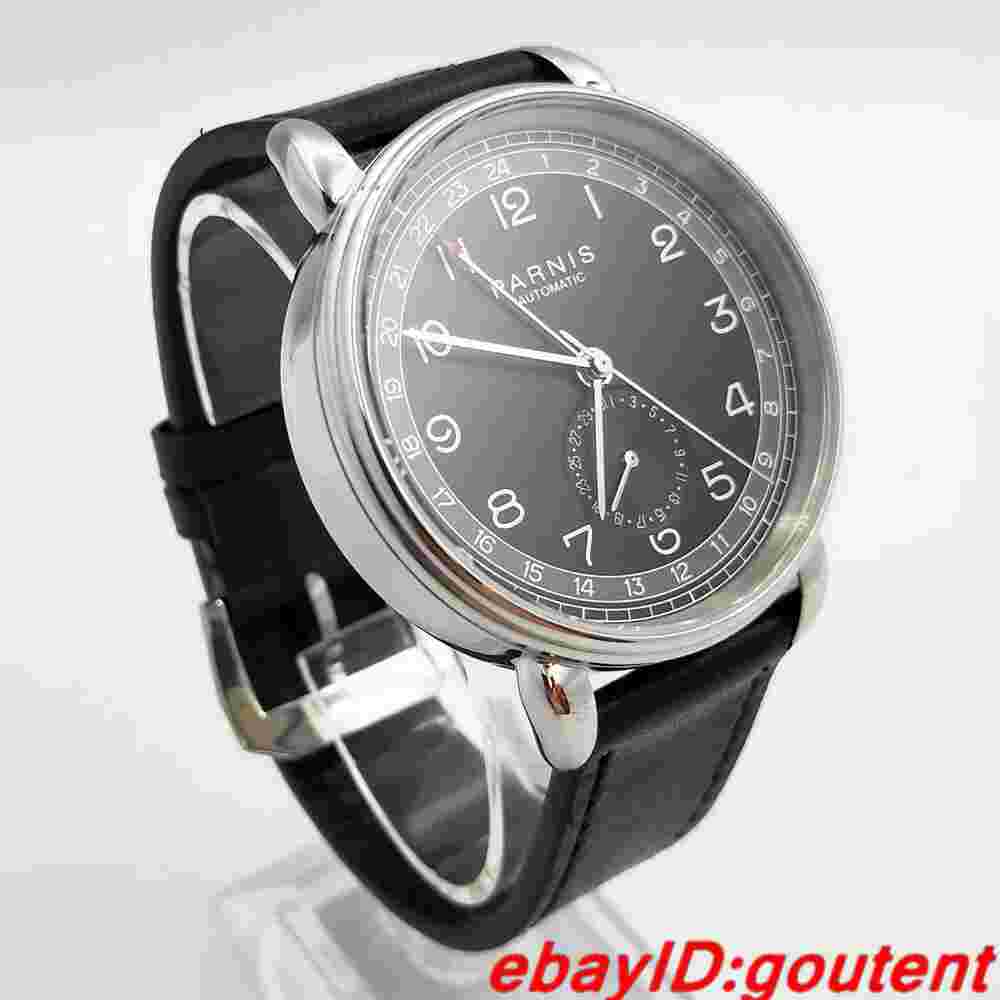 New 42mm PARNIS black dial silver Polished case date GMT Automatic mens watch