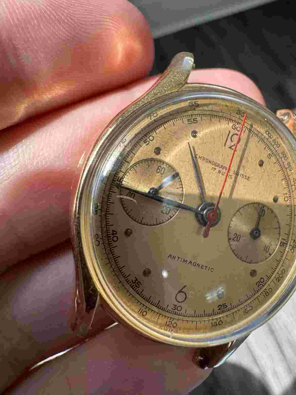 Vintage Watch Chronographe Suisse Antimagnetic 18K Rose Gold 17 Rubis