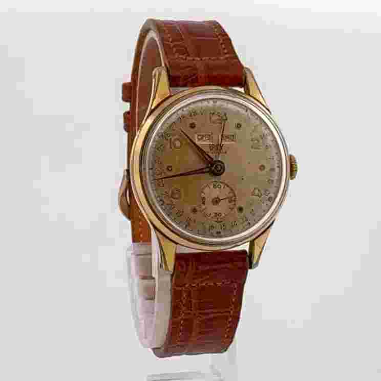 Vintage 31mm Britix Triple Calendar Men Mechanical Wristwatch Venus 203 GoldTone