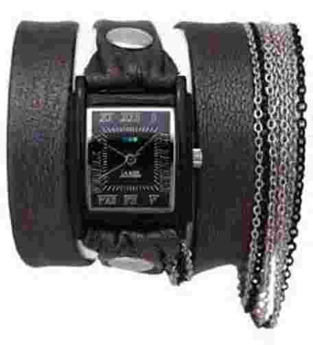 La Mer Carbon Multi Chain Gunmetal Leather Watch
