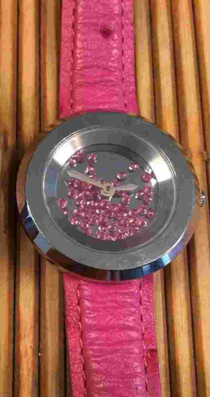 Andre Giroud Floating Crystal Rhinestone Women's Pink Watch With Ostrich Band