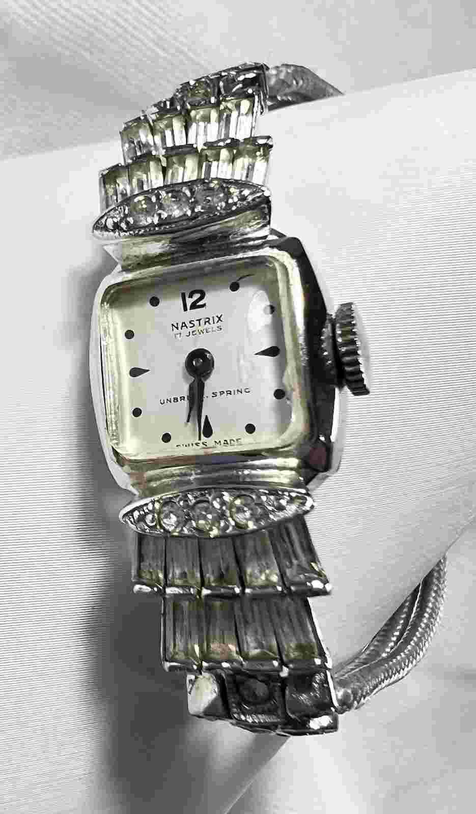 Nastrix ladies rhinestone watch, art deco style , working watch, RARE Small Flaw