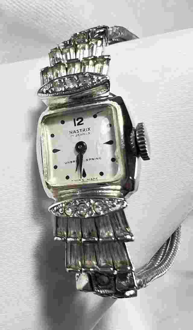 Nastrix ladies rhinestone watch, art deco style , working watch, RARE Small Flaw