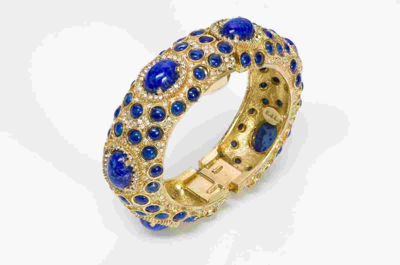 Kenneth Jay Lane KJL 1960’s Gold Plated Blue Cabochon Glass Watch Bracelet