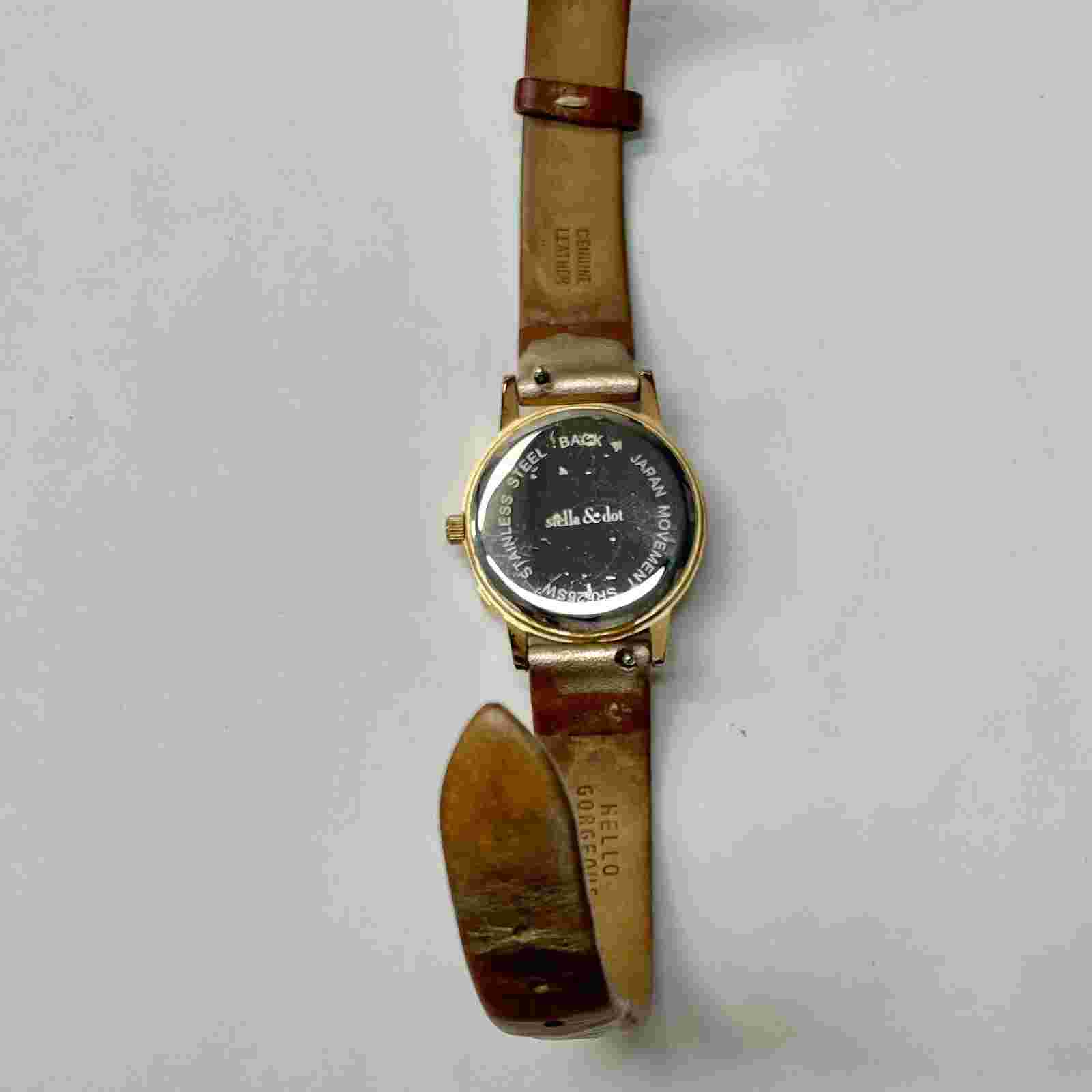 stella dot mother of pearl watch gold tone leather strap