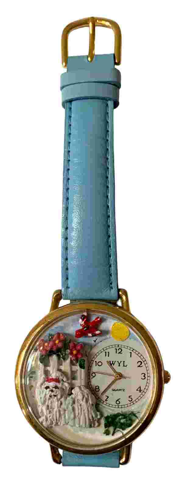 VTG Whimsical Watches Lg Face Maltese Dog Themed Gold Finish Watch w/New Battery