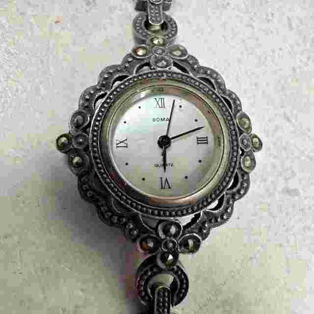 ROMA Watch Womens 30mm .925 Sterling Silver Marcasite 7" FOR PARTS REPAIR READ
