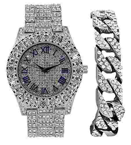 Mens Roman Numerals Fully Blinged Out Watch w/ Cuban Bracelet - ST10327 RN Cuban