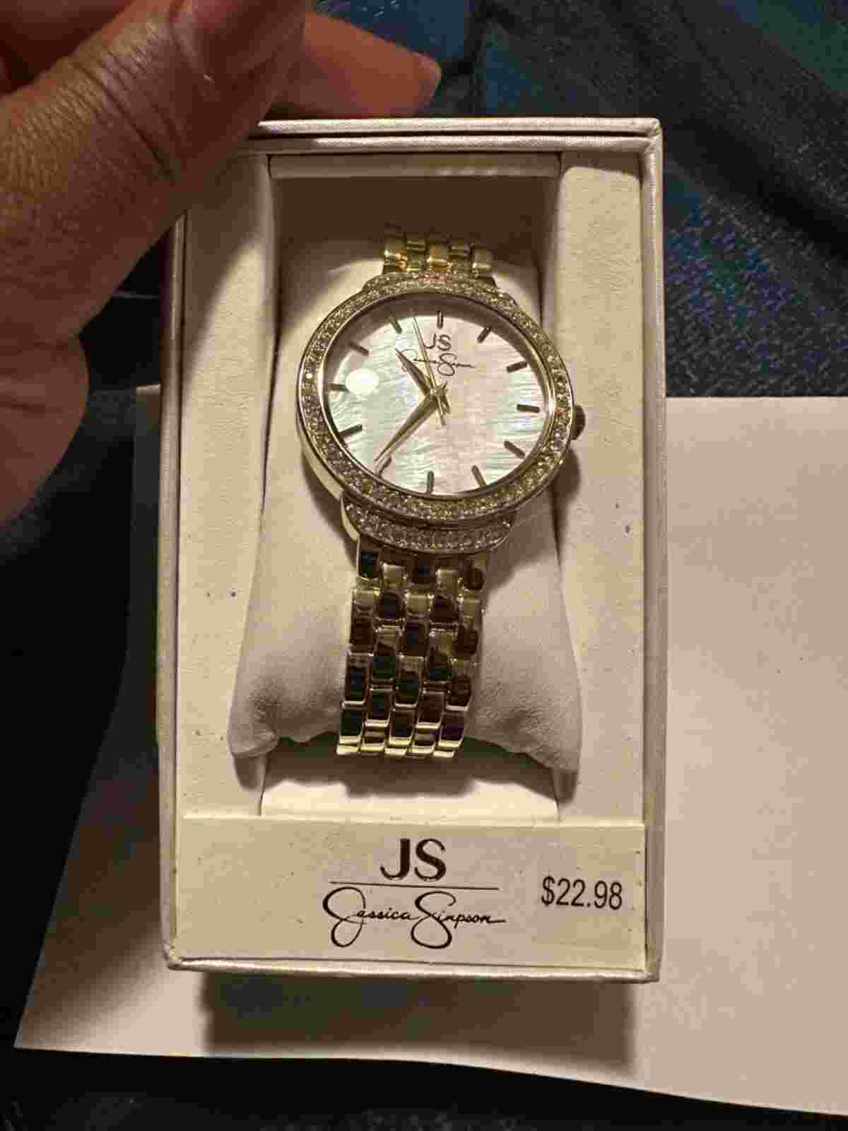 jessica simpson gold watch with pearl face abd rhinestones