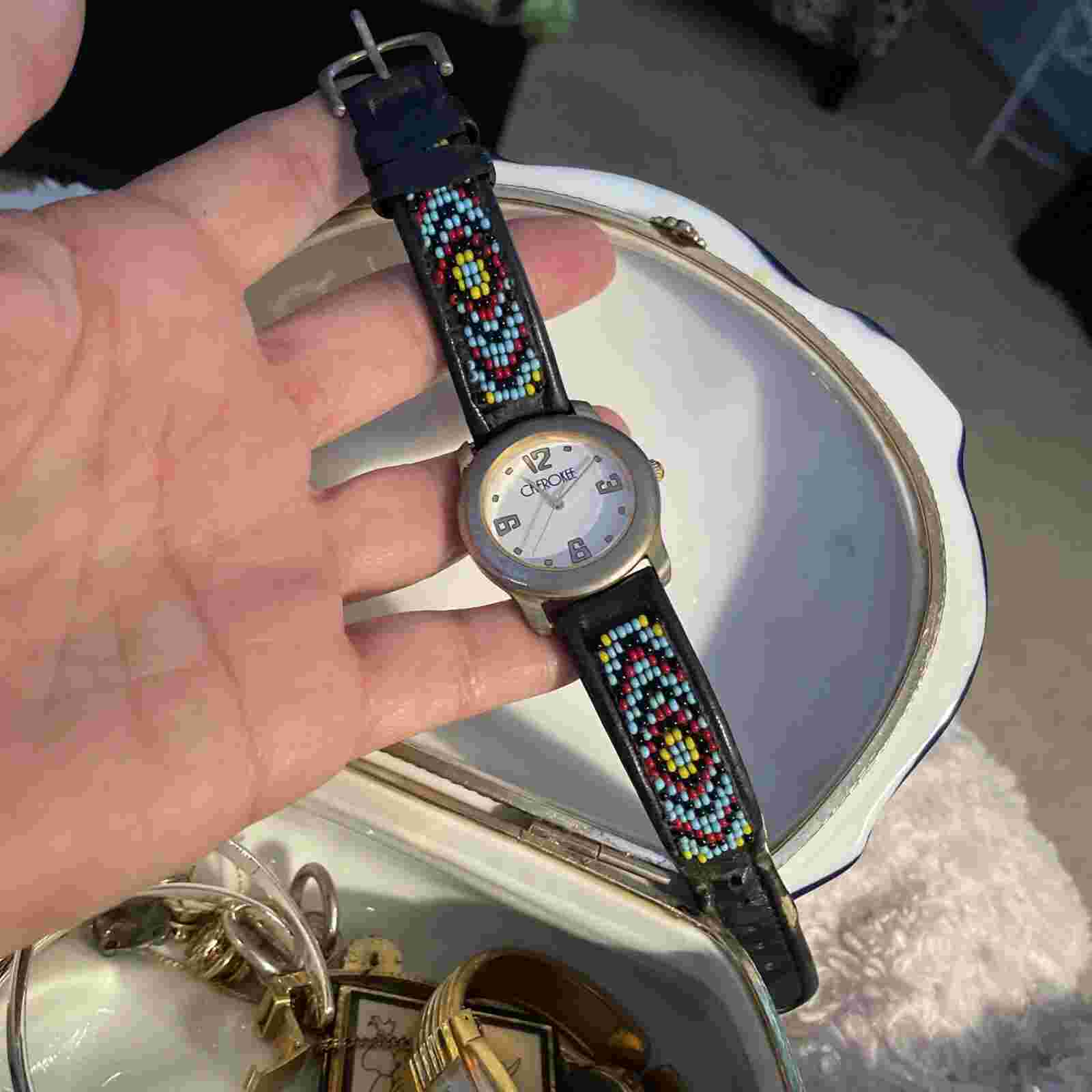 Cherokee Womens Watch 32mm Case Black Beaded LeatherBand Quartz Three Hands