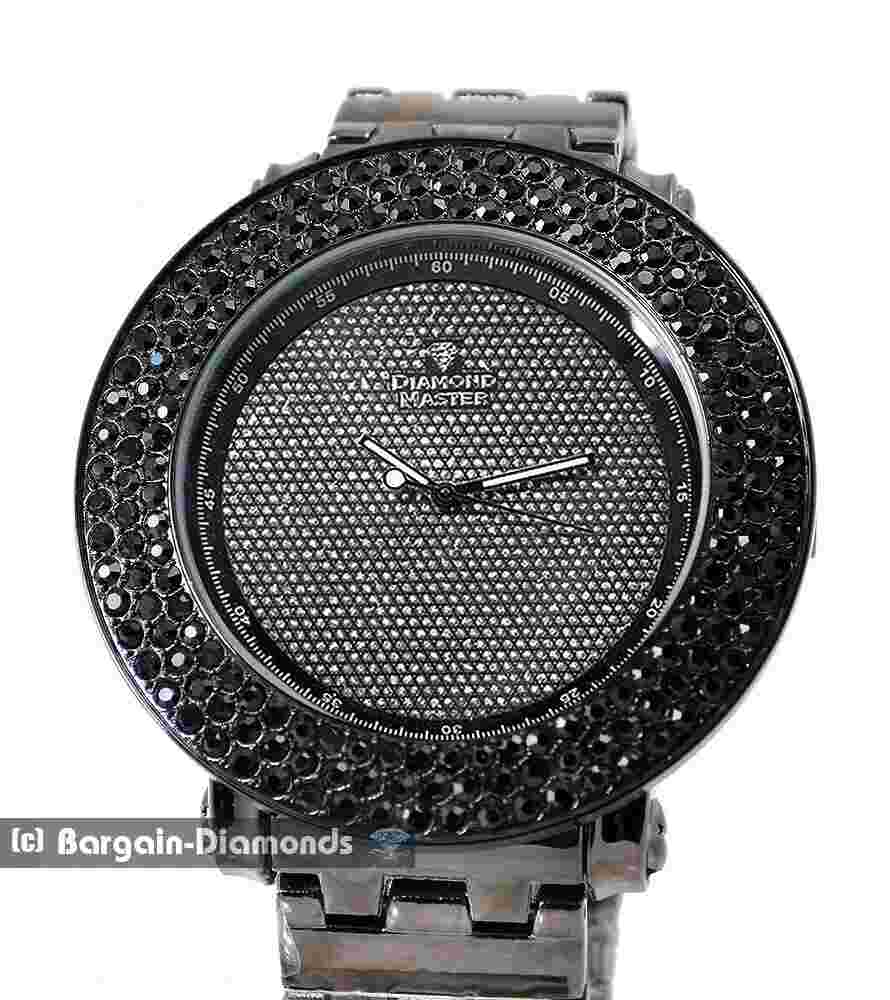 Mens Black CZ Bezel Clubbing Watch Bling Dial Black-White Hands 8.5" Bracelet
