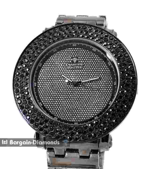 Mens Black CZ Bezel Clubbing Watch Bling Dial Black-White Hands 8.5" Bracelet