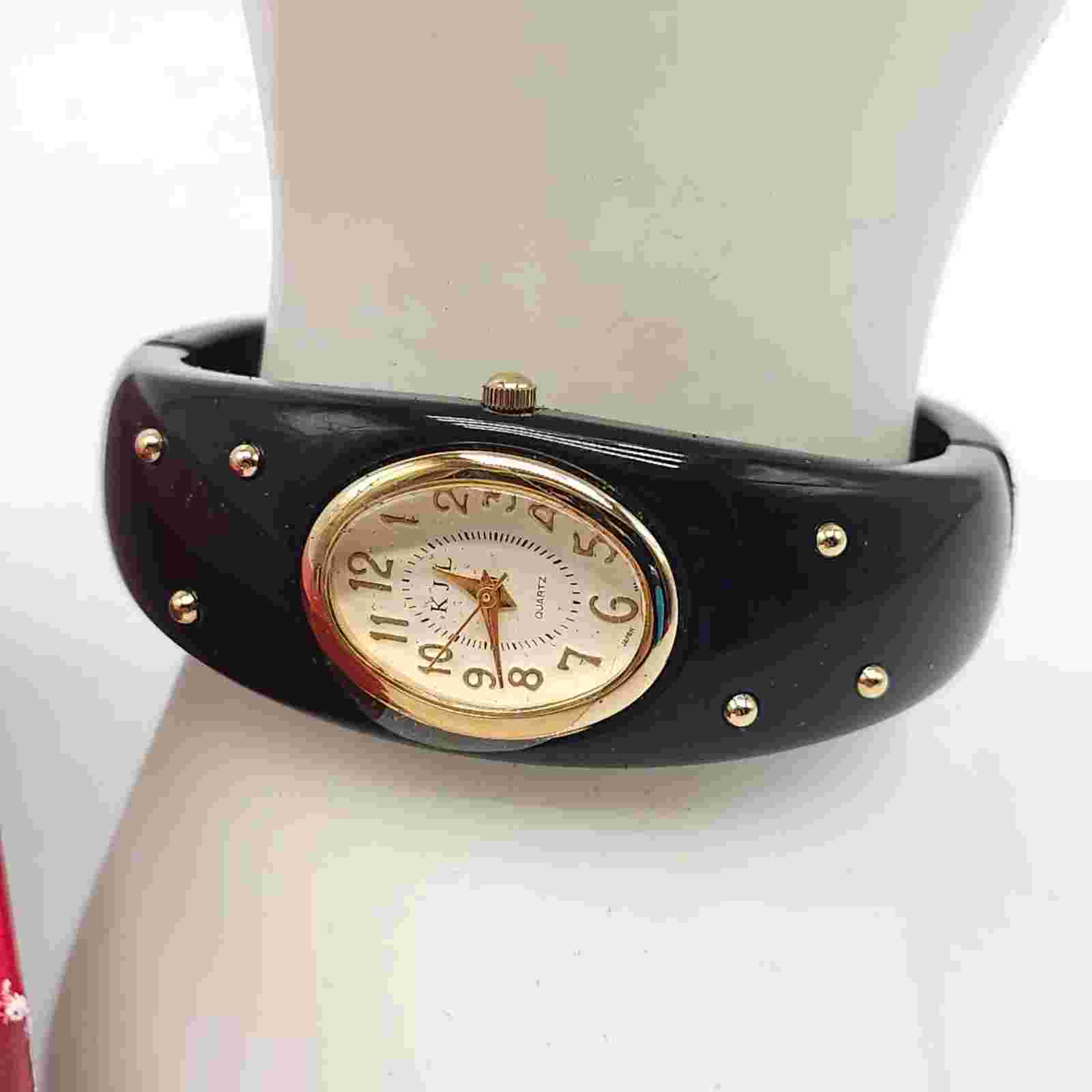 KJL By Kenneth Jay Lane Black Bangle Bracelet Watch Gold Accents Japanese Move't