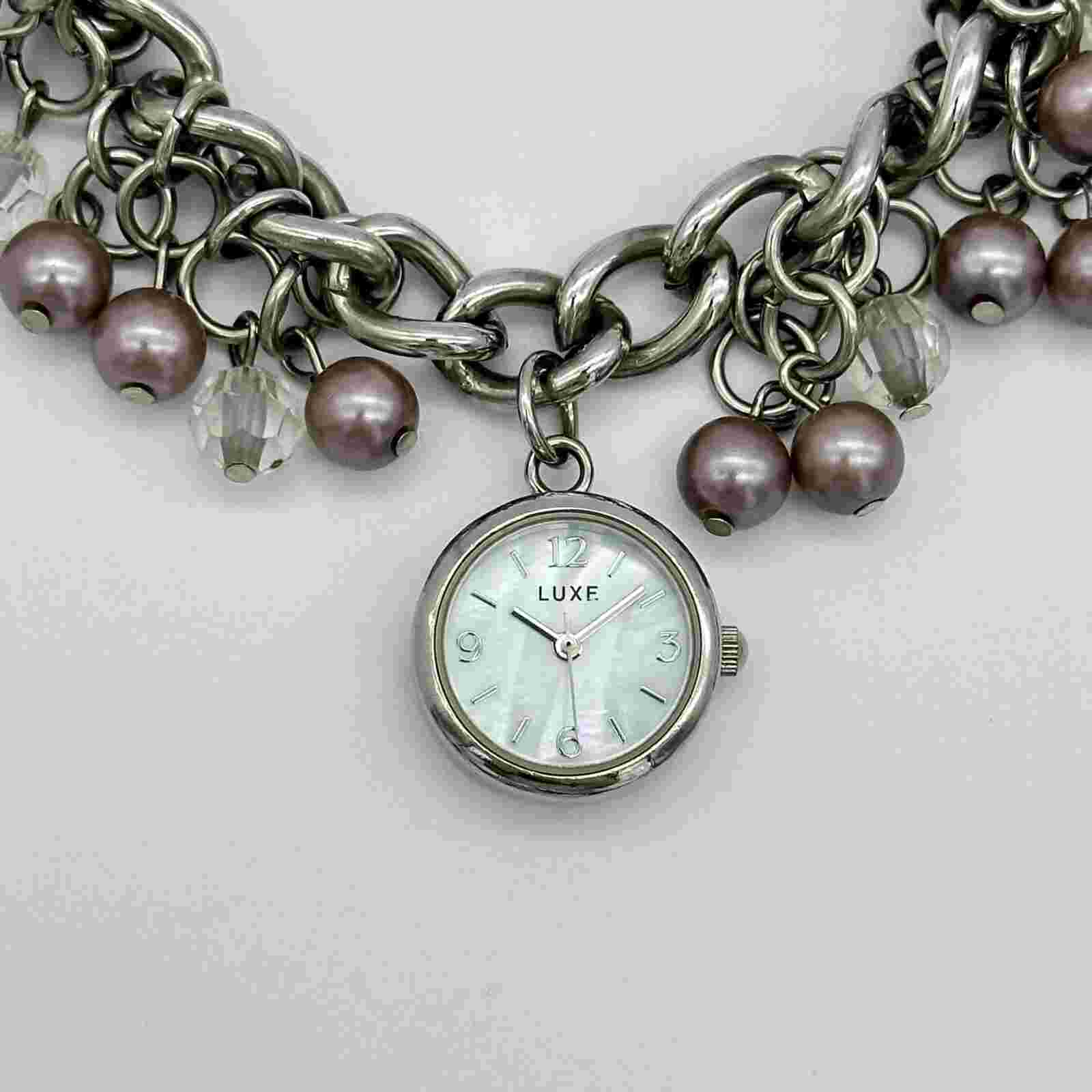 Ladies LUXE Silver Tone Purple & Clear Beaded Bracelet Watch, MOP Dial, Runs