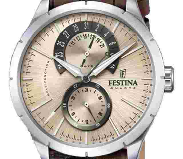 Festina Retro Leather Strap Multifunction Beige Dial Quartz F16573-9 Mens Watch