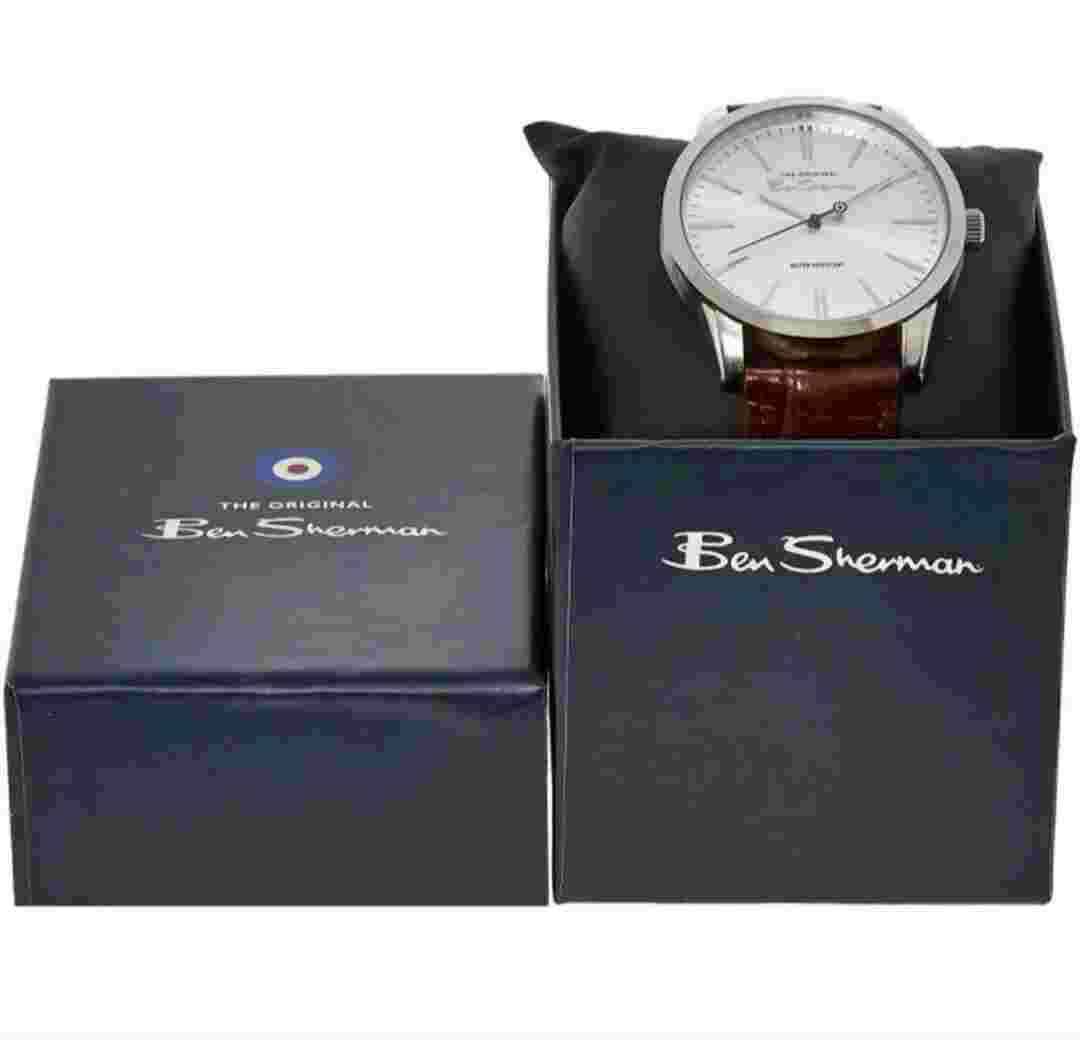 Ben Sherman Mens white and silver face brown leather strap watch